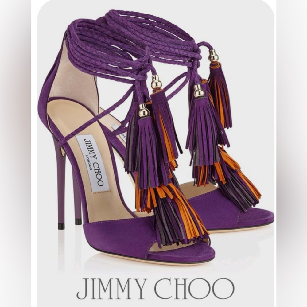 Jimmy Choo Mindy Fringe Suede Lace-up Ankle-Wrap Boho Purple Tassel Sandal